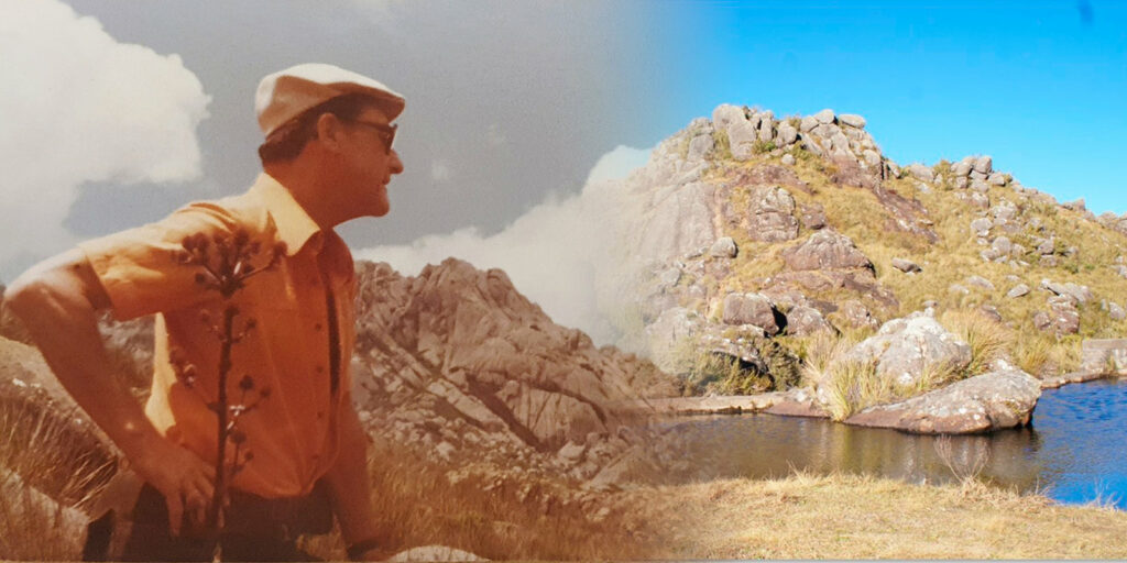Dr. Gildo Unger no Vale dos Lírios, localizado na Parte Alta do Parque Nacional de Itatiaia, no final dos anos 70. Ao fundo, montanhas e formações rochosas icônicas do parque, com o riacho complementando a paisagem natural.