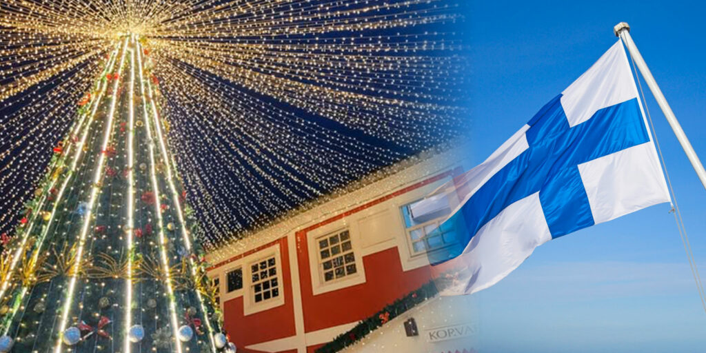 Montagem representando a cultura finlandesa em Penedo: uma árvore de Natal iluminada na Pequena Finlândia e a bandeira da Finlândia ao fundo, simbolizando as tradições natalinas e a conexão cultural com o país nórdico.