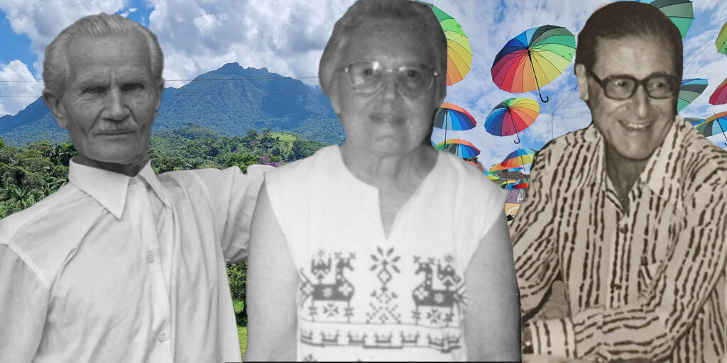 Montagem de imagens mostrando três figuras marcantes na história de Penedo: Toivo Uuskallio, fundador da colônia finlandesa; Eva Hilden, preservadora da cultura local; e Gildo Unger, médico austríaco que deixou um legado de bondade e contribuições culturais. Ao fundo, paisagens naturais da Serra da Mantiqueira e o colorido dos guarda-chuvas na Pequena Finlândia.